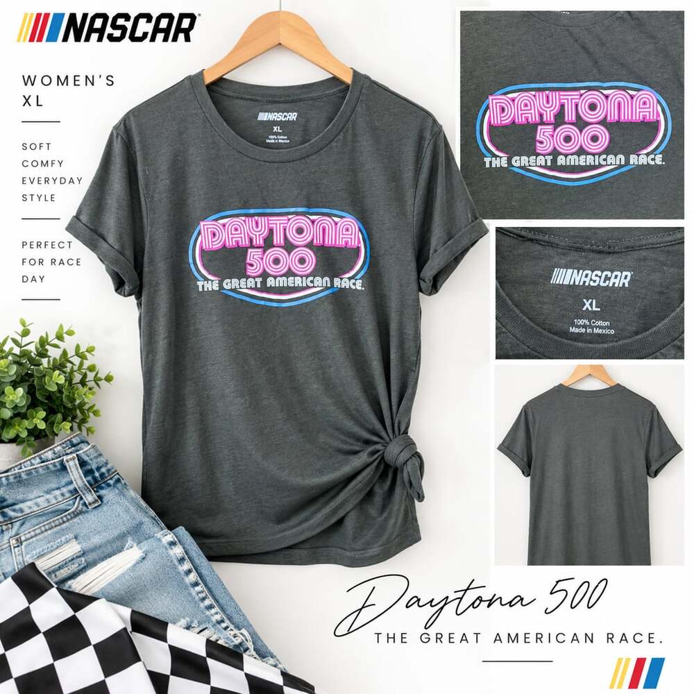Nascar Daytona 500 Womenโs XL T-Shirt Gray Pink Blue The Great American Race